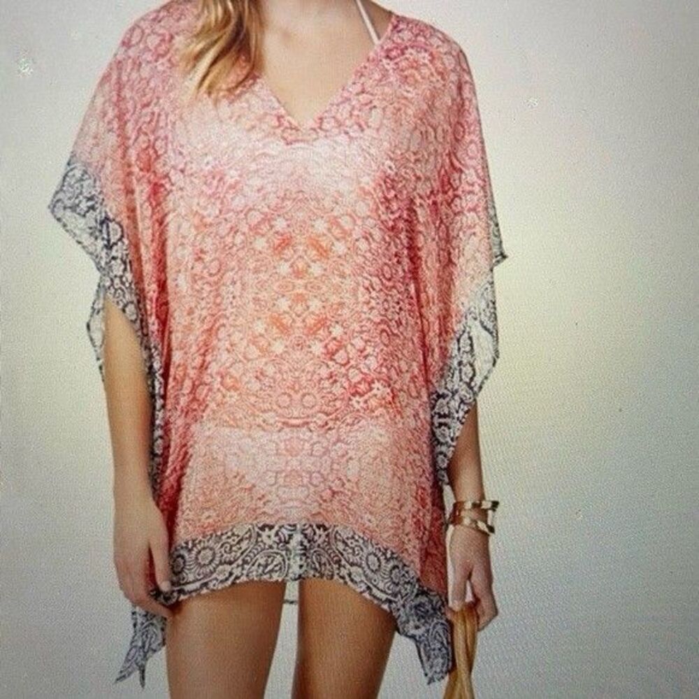 Tommy Bahama Coral Pink Sheer V-Neck Cover-Up Poncho Mandala Paisley Border S